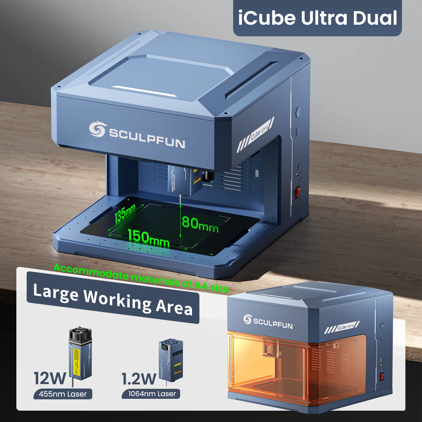 Sculpfun icube ultra duplo desktop gravador a laser 12w + 1.2w máquina de corte de gravação a laser 150*130mm gravador cnc para madeira - Image 3