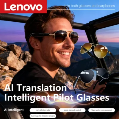 Óculos de Sol Inteligentes Lenovo AI com Áudio Bluetooth, Tradução em Tempo Real para Mais de 100 Idiomas, Chamadas Mãos-Livres e Música para Viagens, Negócios e Esportes