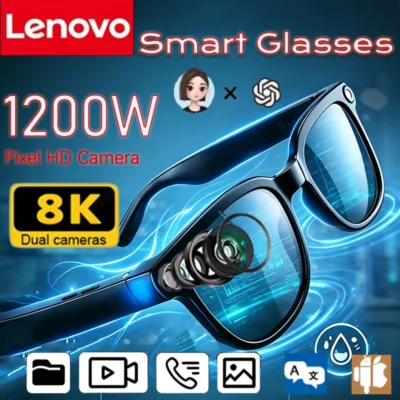 Óculos Inteligentes Sem Fio Lenovo AI, Óculos de Sol Bluetooth com Controle Remoto 8K, Câmera Touch para Fotos, Gravação, Assistente de Voz e Tradutor