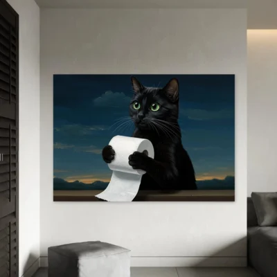 Gato segurando papel higiênico pintura arte da parede impressão engraçado gato impressão em tela para sala de estar decoração casa