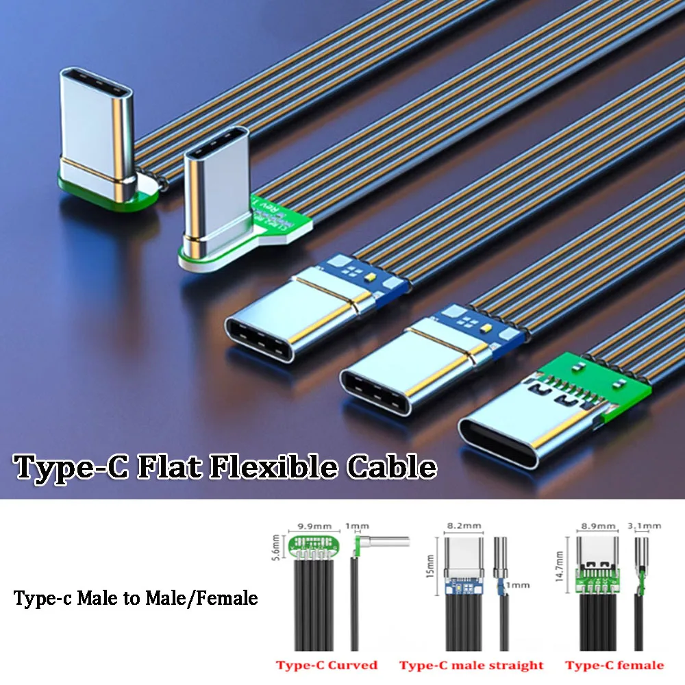 Cabo plano flexível usb 3.1 tipo-c 40k 60hz tipo-c macho para macho/fêmea dados em forma de l cotovelo ângulo reto diy cabo de silicone plano - Image 2