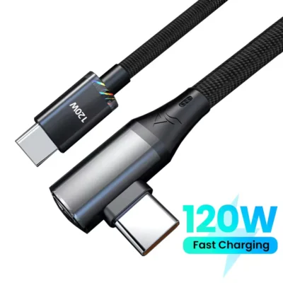 Cabo USB C para C de 120W com ângulo reto de 90 graus, carregamento rápido PD Quick Charge 4.0 para Samsung, Xiaomi, Huawei, Realme, iPhone 15