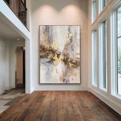 Pintura a óleo original abstrata grande, marrom e dourada, pintada à mão, com folha de ouro, arte moderna para sala de estar ou decoração de casa.