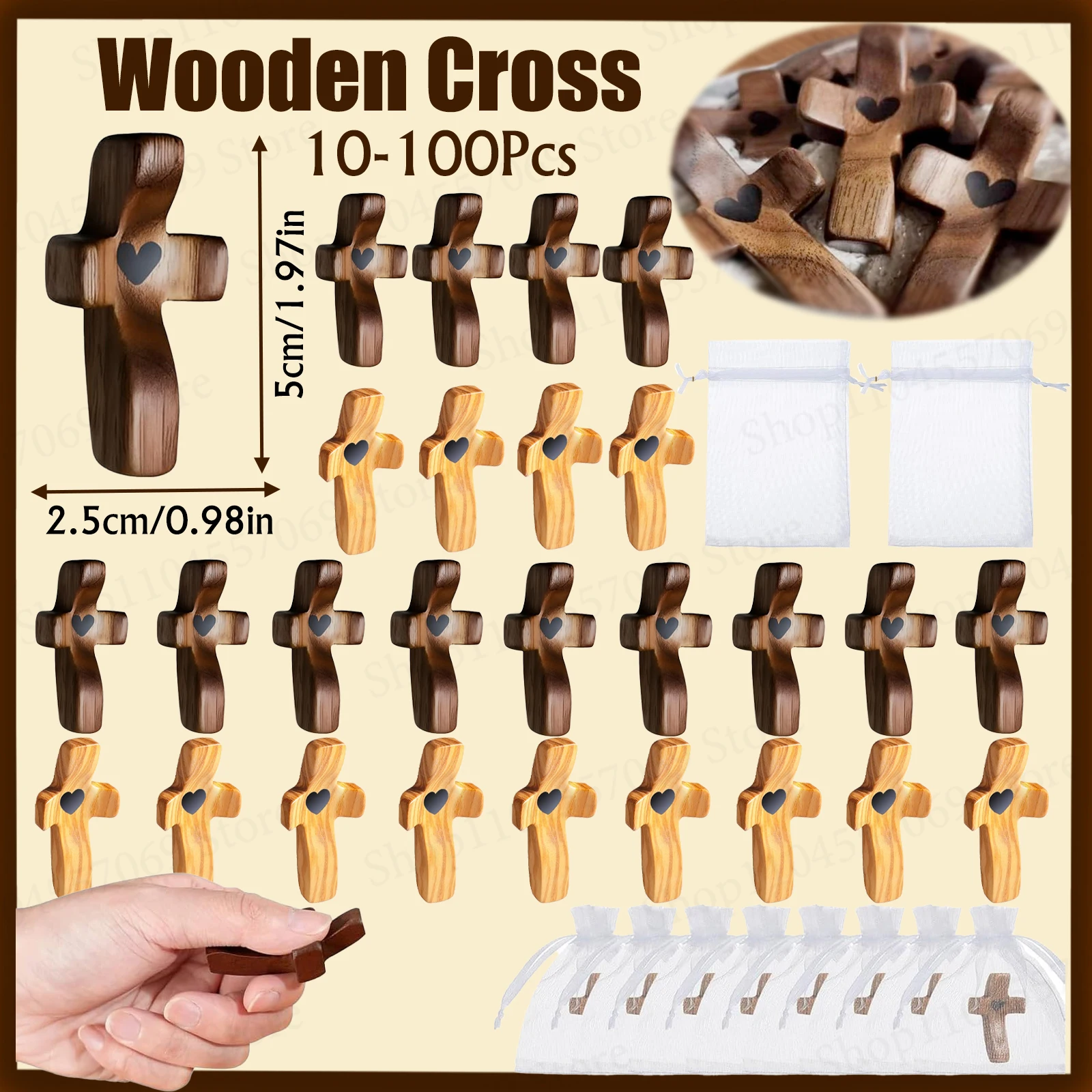20-100 Peças Cruz de Madeira Fidget com Sacos de Organza, Cruz de Oração para Mão, Cruzes de Madeira Artesanais de Bolso, Presente Cristão de Encorajamento