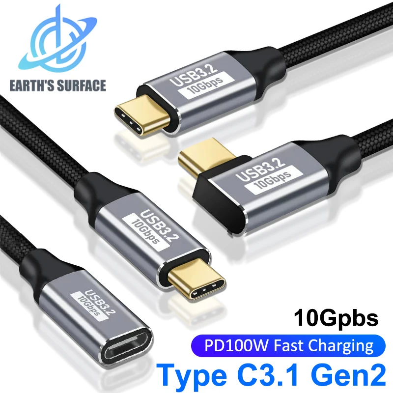 100w pd cabo de carregamento rápido 5a tipo usb c 3.1 gen 2 macho para fêmea cabo de extensão 90 ângulo 10gbps usb c extensor cabos de dados