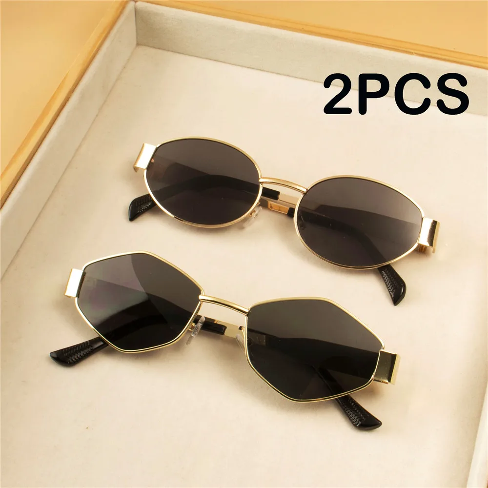 2 pçs vintage estilo punk óculos de sol retro redondo armação de metal feminino óculos de sol moda - Image 3