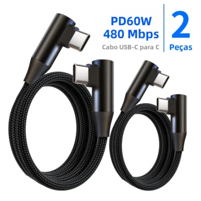 Cabo de carregamento rápido USB-C de 60 W de 2 pacotes, 90 ° Angular, Durável para iPhone 16/15, S24/S23, iPad, MacBook, Pixel (25/50/100/200cm)