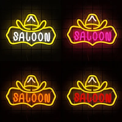 Saloon sinal de néon vintage ocidental led sinal de luz para bar, homem caverna, sala de jogos, decoração de parede de casa alimentado por usb cowboy sinal de parede de néon