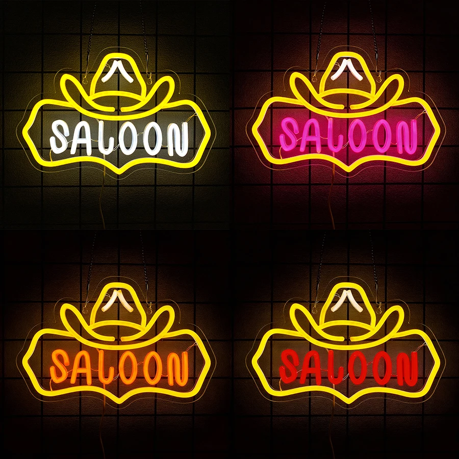 Saloon sinal de néon vintage ocidental led sinal de luz para bar, homem caverna, sala de jogos, decoração de parede de casa alimentado por usb cowboy sinal de parede de néon