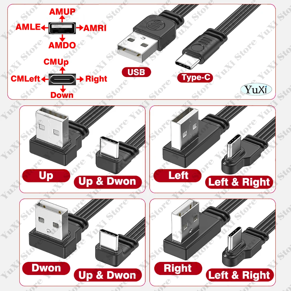 Cabo USB Flexível Plano Angulado 90 Graus Macho para Tipo-C Macho para Carregamento e Transferência de Dados 10CM-100CM (Cabo com Conexão para Cima, Baixo, Esquerda, Direita) - Image 5