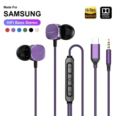 Fones de ouvido com fio tipo C para Samsung Galaxy S25 S24 S23 S22 HiFi Bass Stereo 3.5MM fone de ouvido intra-auricular A54 A34 Note 20 10 Acessórios