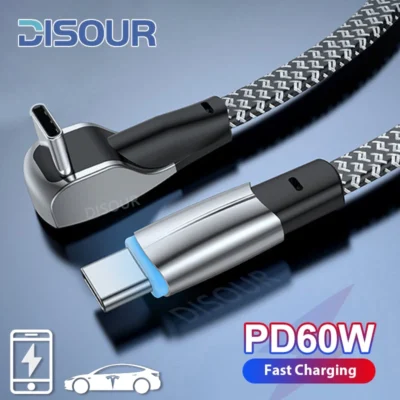 Tipo C Cabo de carregamento rápido, Tipo C para Tipo C, 90 Graus USB C, Carregador rápido para Tesla, Samsung, Xiaomi, Huawei com transferência de dados, 60W
