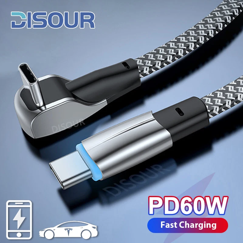 Tipo C Cabo de carregamento rápido, Tipo C para Tipo C, 90 Graus USB C, Carregador rápido para Tesla, Samsung, Xiaomi, Huawei com transferência de dados, 60W