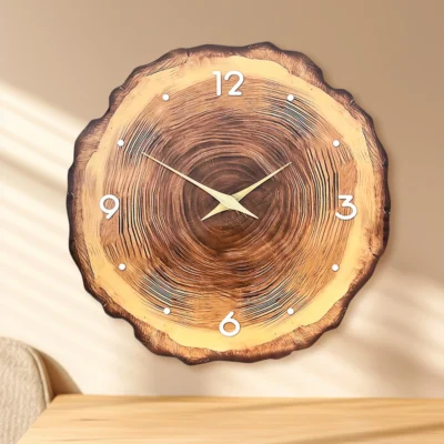 Anel de madeira Folheado Relógio de parede, Madeira plana, Seção transversal, Textura Padrão, Madeira maciça, Ponteiro Design, Silent Clock, 1Pc
