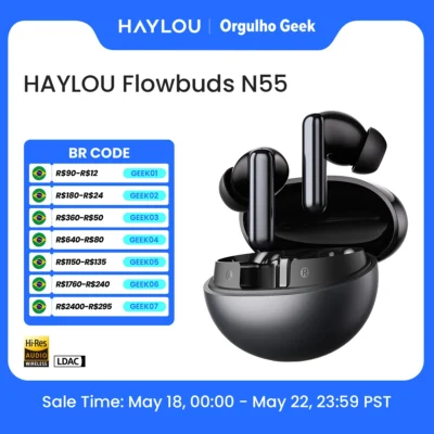 Fones de Ouvido Sem Fio HAYLOU Flowbuds N55 com ANC Adaptativo de 54dB, Bluetooth 6.0, Áudio Hi-Res LDAC, Chamadas HD com 6 Microfones, 40 Horas de Reprodução, IPX5