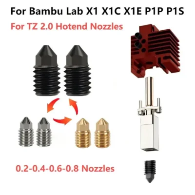 Bicos de cobre de latão de aço endurecido 0.2 0.4 0.6 0.8mm para Bambu Lab Hotend TZ 2.0 Versão Bi Metal Fit X1 X1C X1E P1P P1S Hotends