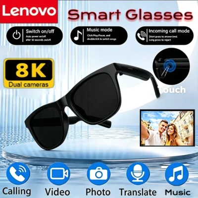 Óculos Inteligentes Lenovo 8K AI com Controle Remoto, Câmera para Fotos, Gravação, Tradutor, Assistente de Voz e Conexão Bluetooth Sem Fio