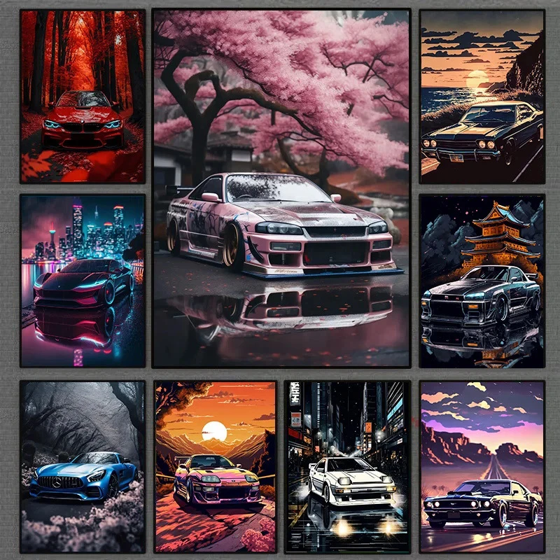Pintura em tela de paisagem japonesa gtr, pôsteres de carro, impressão, mural, fotos, sala de estar, arte moderna, decoração estética de casa, quadros