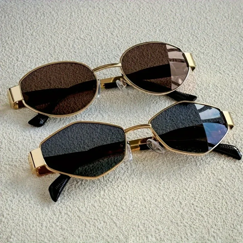 2 pares de óculos da moda femininos de verão, armação retrô dourada, combinação de óculos da moda, design de armação redonda poligonal - Image 2