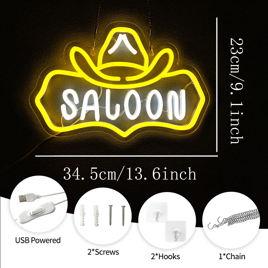 Saloon sinal de néon vintage ocidental led sinal de luz para bar, homem caverna, sala de jogos, decoração de parede de casa alimentado por usb cowboy sinal de parede de néon - Image 2