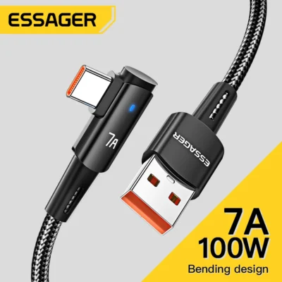 Essager 7a cabo usb tipo c 90 graus para oppo 100w cabo de carregamento rápido para honra huawei oneplus realme carregador angular fio de dados