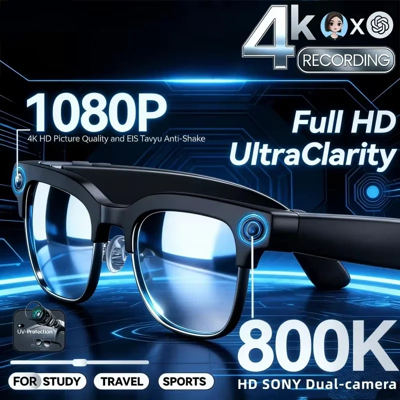 Óculos Inteligentes AI 8K com Controle Remoto, Câmera de Toque, Gravação, Tradutor, Assistente de Voz e Conexão Bluetooth Sem Fio