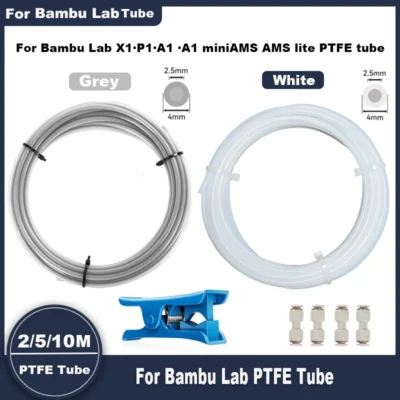 Tubo PTFE 2.5mm ID×4mm OD 5M para Bambu Lab X1/X1C/P1P/P1S/A1/A1 mini/AMS/AMS lite, com Cortador & Conectores, Tubo Filamento 3D
