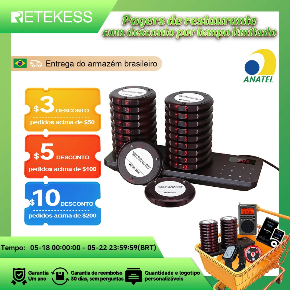 RETEKESS TD163 Sistema de Chamada Sem Fio para Garçons em Restaurantes Pager Vibratório Beeper para Cafeterias e Food Trucks Dispositivo de Chamada