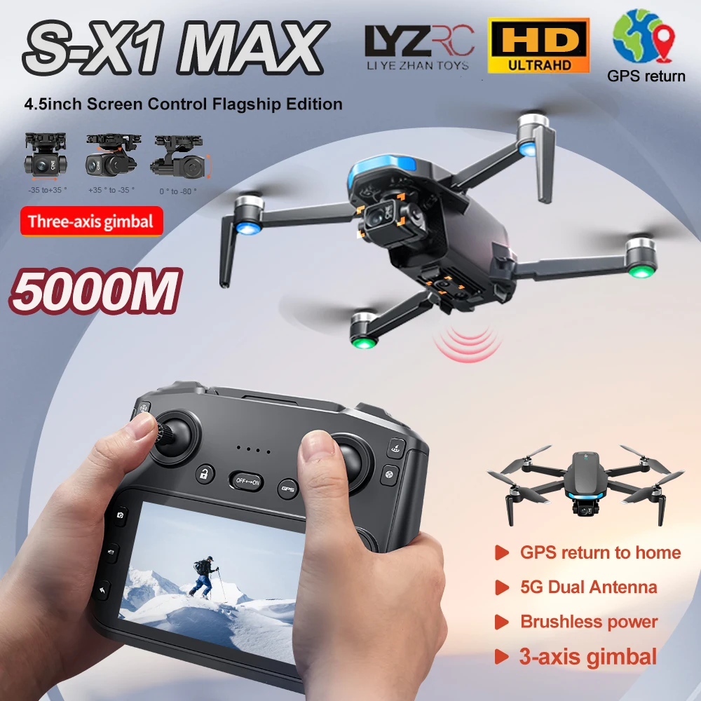 S-X1 MAX Drone 4K Câmera HD Profissional Gimbal de 3 eixos EIS Aéreo 5G WIFI FPV Brushless Com Tela Grande RC Quadcopter Menino Brinquedos