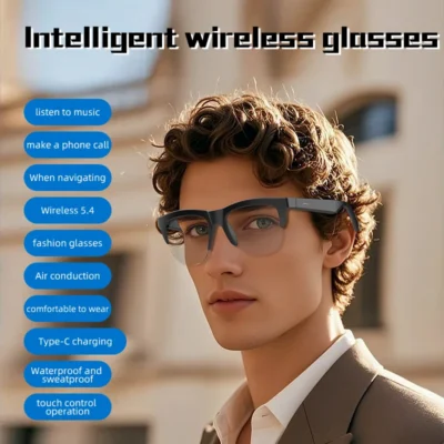 Óculos de áudio Bluetooth com lente transparente F02 | Alto-falantes de ouvido abertos | Luz anti-azul | Controle de toque inteligente | Escritório e uso diário