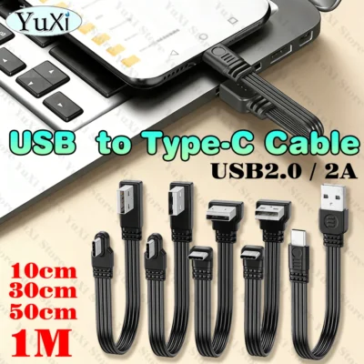 Cabo USB Flexível Plano Angulado 90 Graus Macho para Tipo-C Macho para Carregamento e Transferência de Dados 10CM-100CM (Cabo com Conexão para Cima, Baixo, Esquerda, Direita)