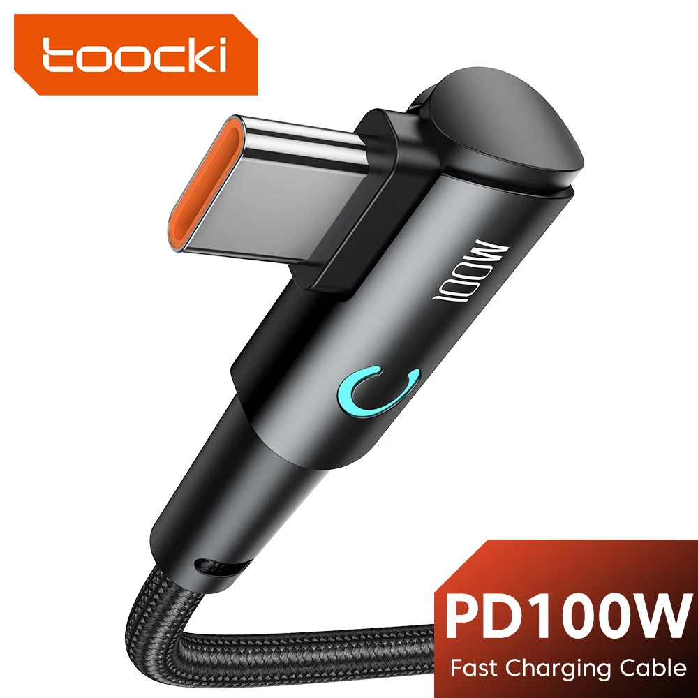 Toocki cotovelo de 90 graus usb tipo c cabo 100w 5a cabo de dados de carregamento rápido para huawei xiaomi samsung usb c para tipo c cabo jogos