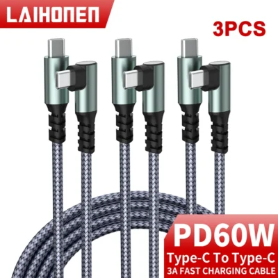 Laihonen 60w tipo c para tipo c cabo de carga cotovelo 3a cabo de fio de carregamento rápido para samsung galaxy s21 s10 s9 s20 a40 a50 cabo usbc