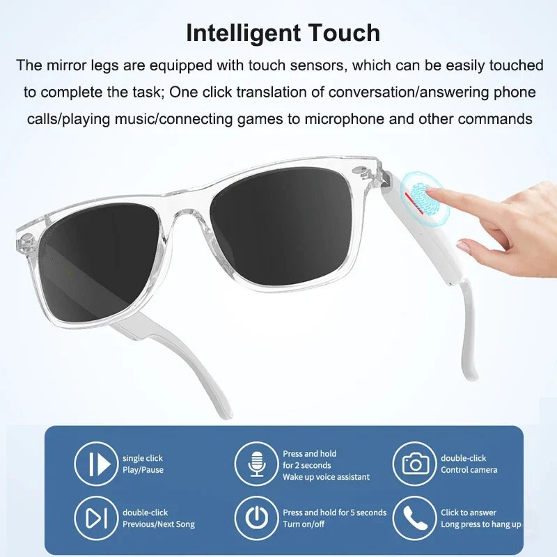 Óculos inteligentes 3 em 1, tradutor e fone de ouvido com microfone, assistente de voz, chamada bluetooth, controle de câmera, óculos inteligentes bluetooth - Image 2