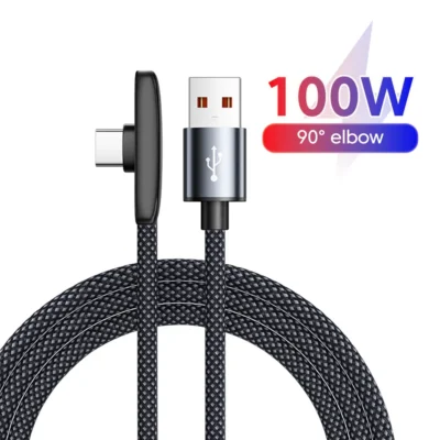 Cabo de Carregamento Super Rápido USB C 100W 6A com Conector em Ângulo de 90 Graus Tipo-C, Cabo de Dados Trançado 1M/1.5M/2M para Dispositivos Samsung, Huawei, Honor e Android