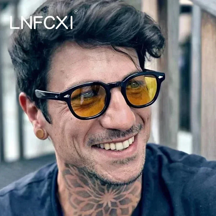 Jnpcxi novo retro redondo óculos de sol feminino amarelo moda rebites decoração tons uv400 masculino punk óculos de sol