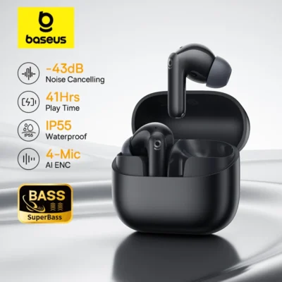 Baseus Bass EP10 NC -43dB com cancelamento de ruído ANC True Wireless Fones de ouvido Bluetooth 6.0 Fones de ouvido intra-auriculares sem fio 4 microfones ENC