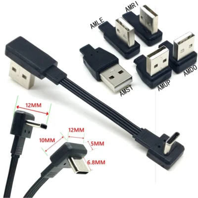 USB-C ultra curto tipo C macho para cima e para baixo 90 ° para USB 2.0 macho cabo de dados USB tipo C cabo plano 0,1m / 0,2m / 0,5m / 1m