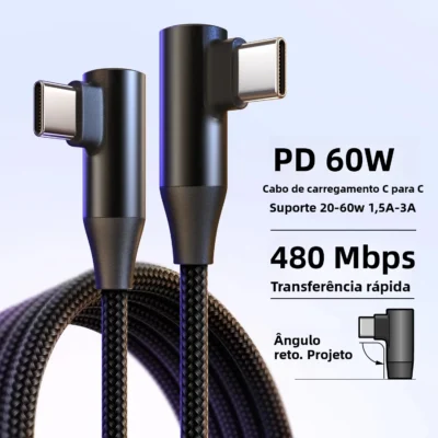 Cabo de carregamento rápido USB-C para Type-C 60W 3A, 90 ° Design angular, nylon trançado. Para telefones/tablets/fones de ouvido tipo C. 25cm/50cm/1m