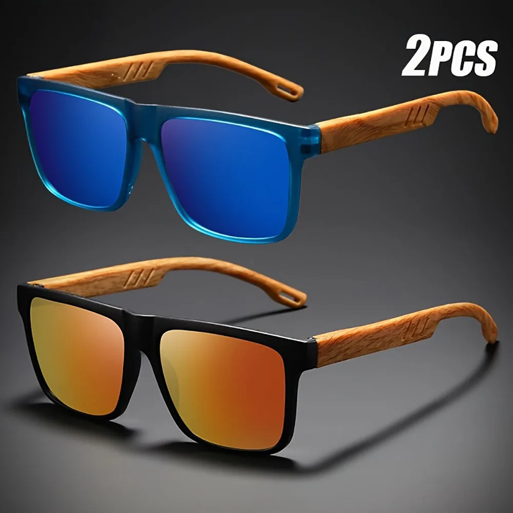 1/2 pçs novo quadrado casual óculos de sol grão madeira primavera dobradiças proteção uv400 unisex ao ar livre óculos diários - Image 2