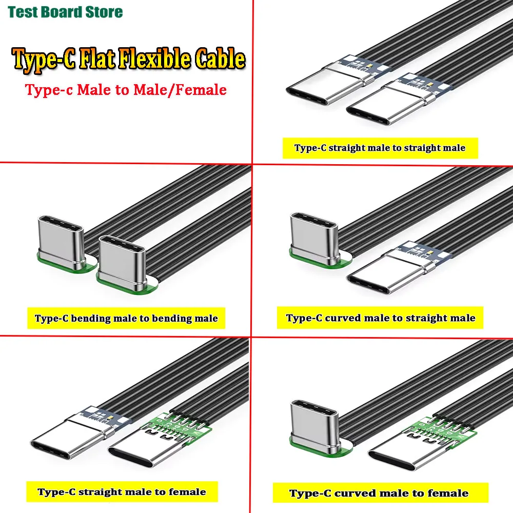 Cabo plano flexível usb 3.1 tipo-c 40k 60hz tipo-c macho para macho/fêmea dados em forma de l cotovelo ângulo reto diy cabo de silicone plano