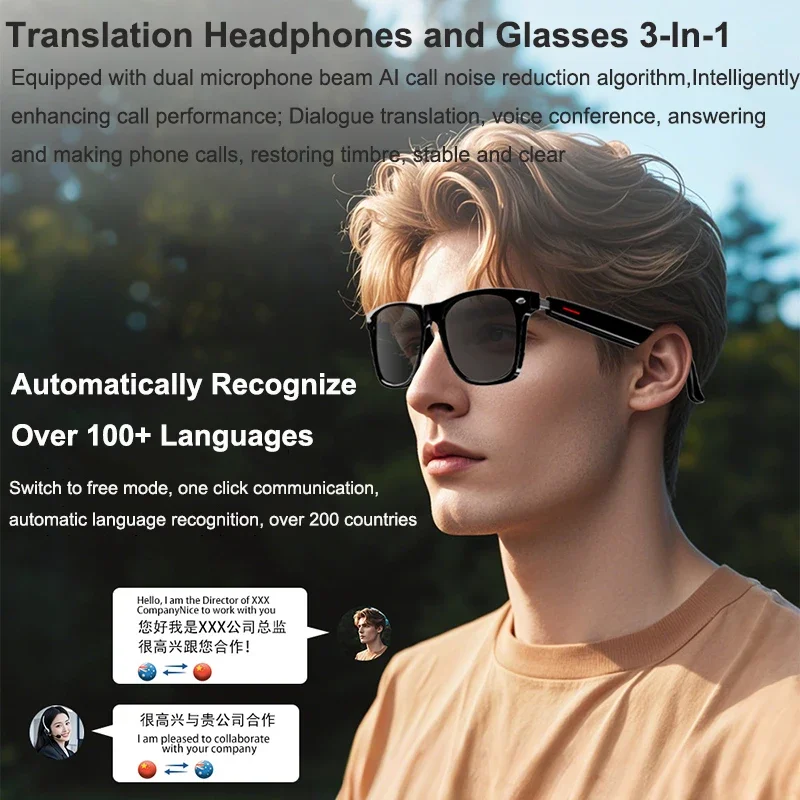 Óculos inteligentes 3 em 1, tradutor e fone de ouvido com microfone, assistente de voz, chamada bluetooth, controle de câmera, óculos inteligentes bluetooth - Image 4