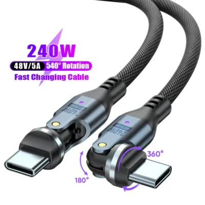 Cabo USB C para USB C, 540 ° Cabo de carregamento giratório USB C para tipo C Cabo de carregamento rápido para iPhone17/16 Pro, MacBook Air, Samsung S24