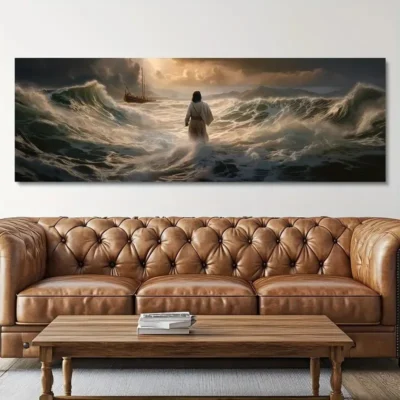 Impressão de pôster de paisagem abstrata, arte de parede em tela cristã de jesus andando no mar, para decoração de casa de sala de estar
