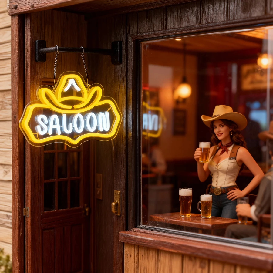 Saloon sinal de néon vintage ocidental led sinal de luz para bar, homem caverna, sala de jogos, decoração de parede de casa alimentado por usb cowboy sinal de parede de néon - Image 3