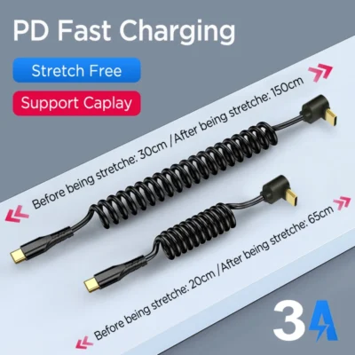 Cabo USB C para USB C enrolado em ângulo reto, 90 ° Cabo retrátil para carro, fio de carregamento rápido tipo C para iPhone 17, Samsung Galaxy S25