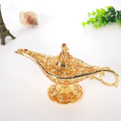 Tamanho grande colorido metal genie lâmpada mágica retro desejando lâmpada de óleo pote queimador incenso decoração para casa coleção lembrança decoração para casa