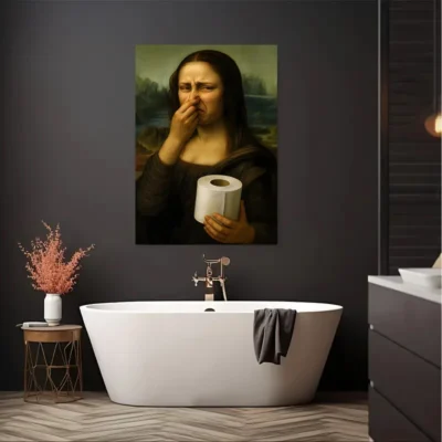 Mona lisa segurando papel higiênico arte da parede cartaz engraçado banheiro impressões em tela fotos para sala decoração de casa