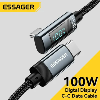 Essager PD100W USB C para Tipo C Cabo de Carregamento Rápido Cotovelo de 90 Graus Com Display Para Iphone 15 Huawei Samsung Macbook Pro