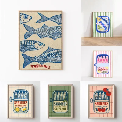 Rosa enlatado sardinas impressão em tela sardina pescador estética arte da parede cartaz para moderna sala de estar cozinha decoração casa presentes